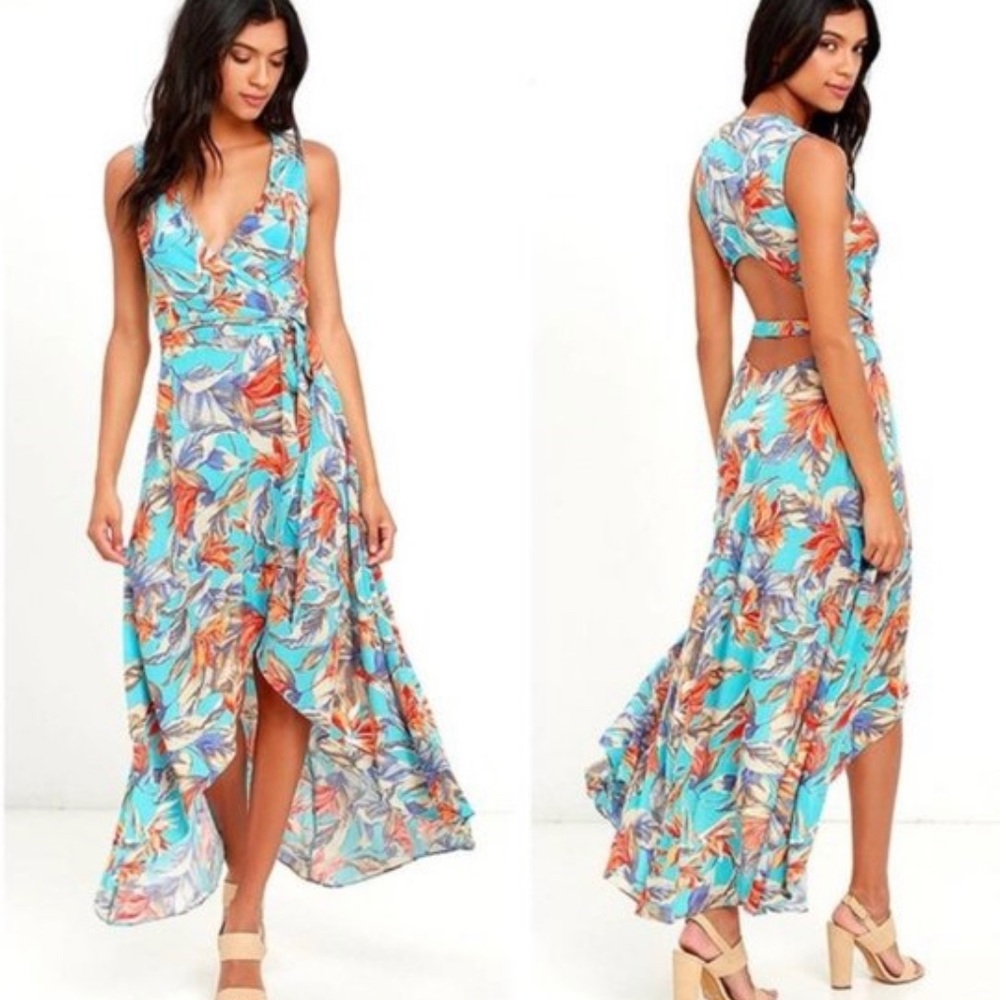 Lulus Blue Floral Wrap Maxi Dress